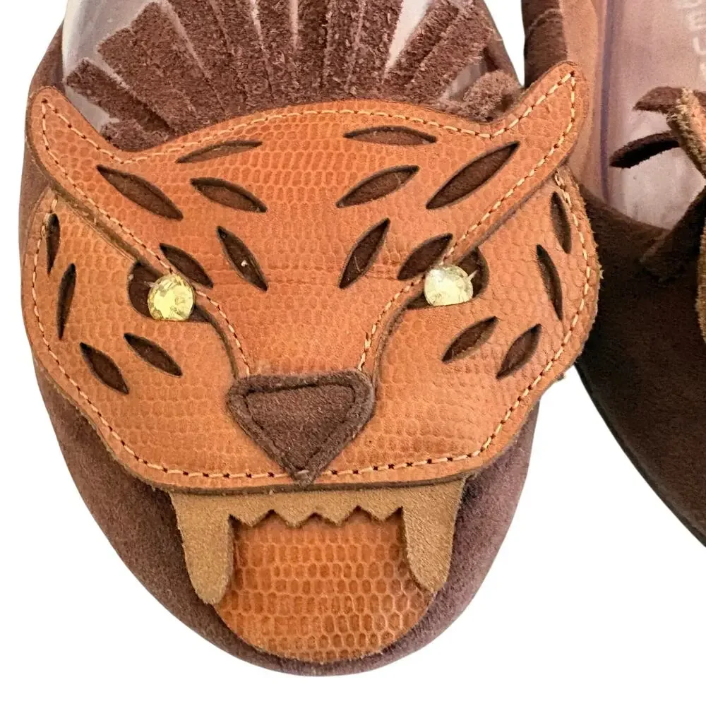 Jeffrey Campbell Leon Bengal Lion Suede Leather Fringe Loafer Flats Jeweled